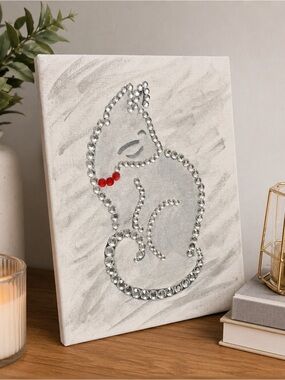 Handmade Rhinestone Cat Canvas Wall Art 8x10 Sparkly Minimalist Decor